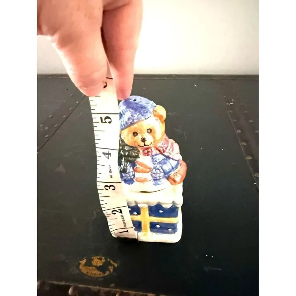VTG Christmas Santa Bear Stackable Salt & Pepper Shakers Ceramic Lusterware Blue